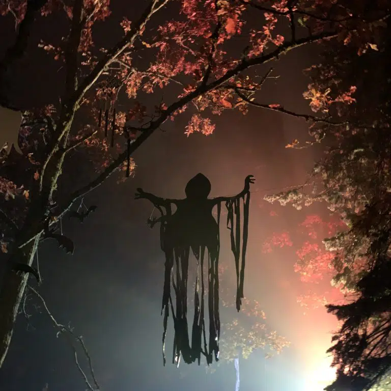 Spöke hänger i ett träd, lampa som lyser upp trädet i rött