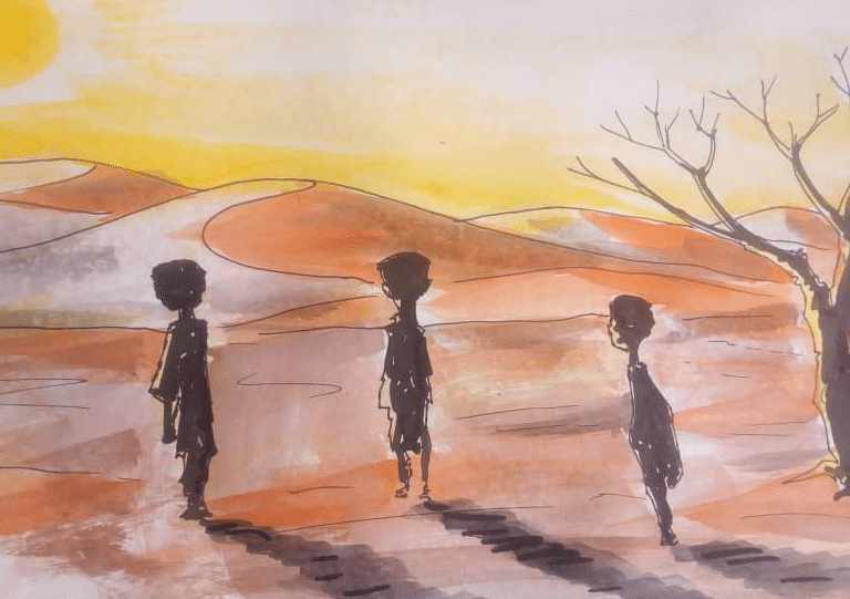 Målning med tre personer vid en solnedgång